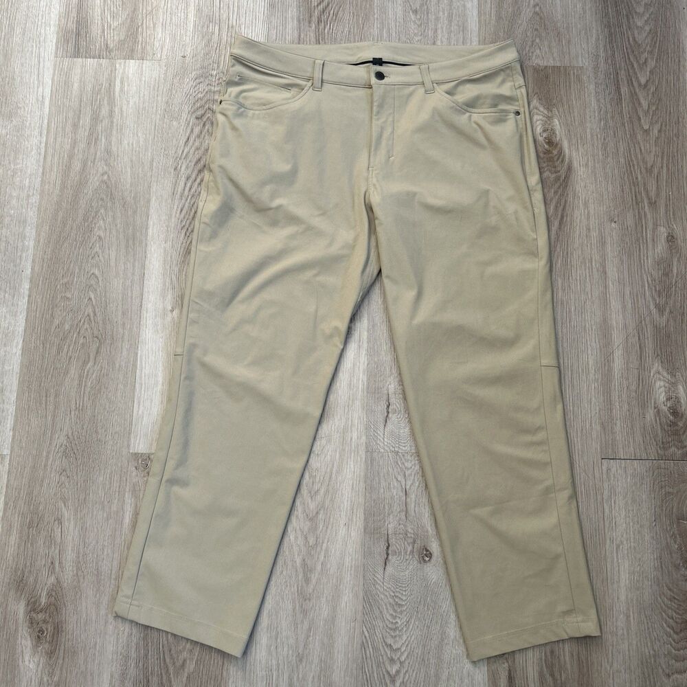 Lululemon ABC Chino Pants Mens 36x28 Beige Stretch Tapered Fit Travel Zip Pocket